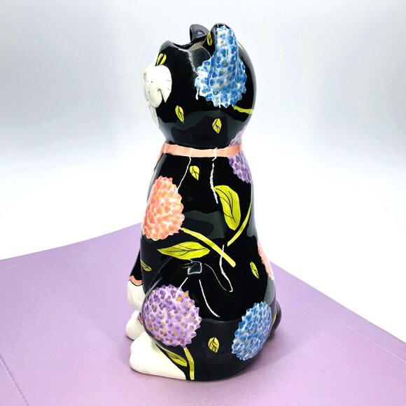 Vintage 90s Bella Casa GANZ Black Cat Head Vase: Whimsical Floral - Pink Bow - Picture 4 of 12